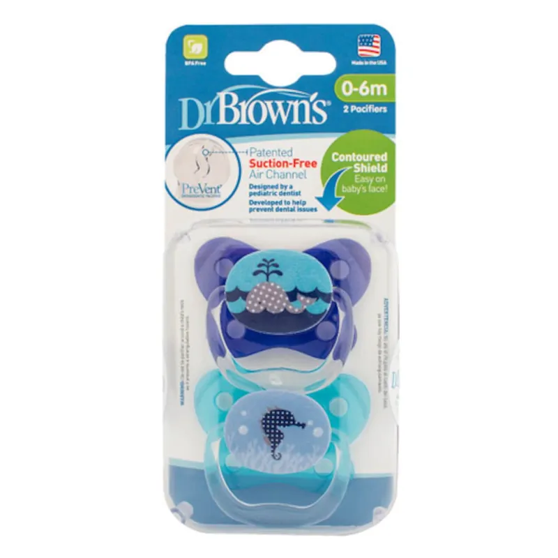 Dr Brown's PreVent Contoured Baby Pacifier 0-6 Months Blue 2 Pack Modern