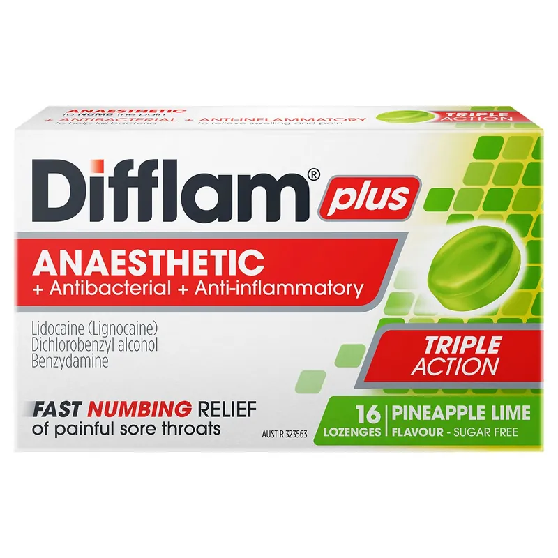 Difflam Plus Anaesthetic Sore Throat Lozenges Pineapple & Lime 16 Pack Fast Shipping