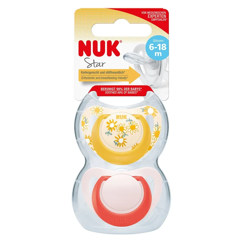NUK Star Silicone Baby Dummy Yellow Flowers 6-18 Months 2 Pack Grab Now