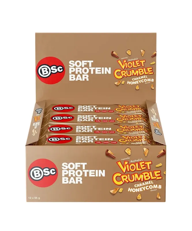 Last Chance BSc x Violet Crumble Soft Protein Bars Caramel Honeycomb Box 12 x 55g