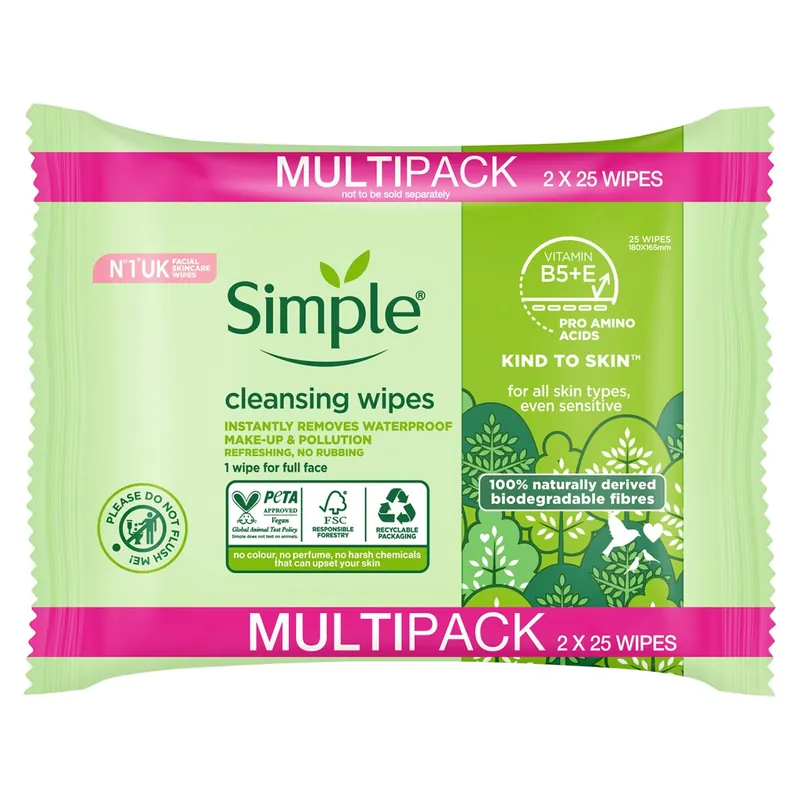 Editor’s Pick Simple Biodegradable Cleansing Wipes 2 x 25 Pack