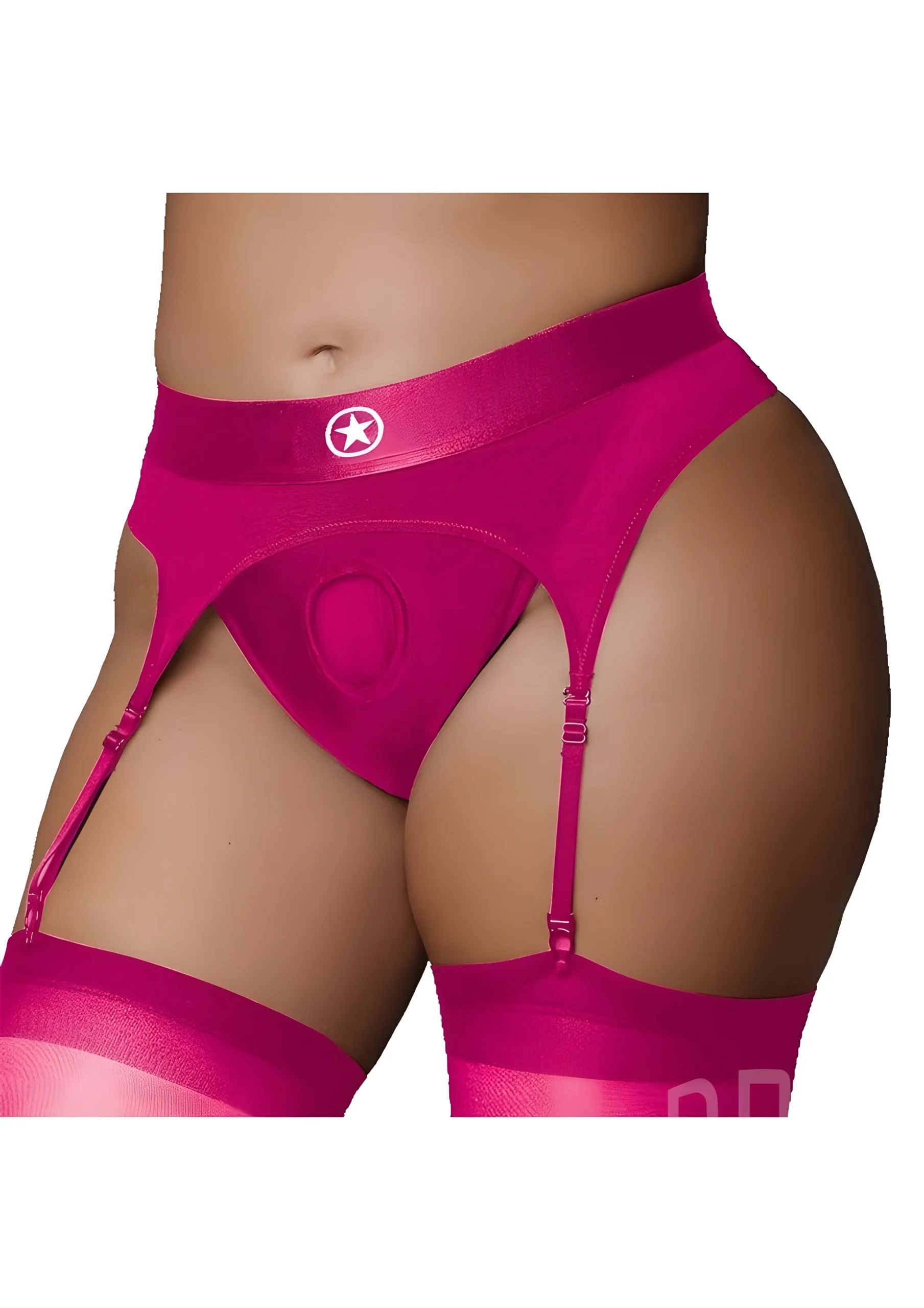 Vibrating Strap-On Thong With Garters Pink XL XXL