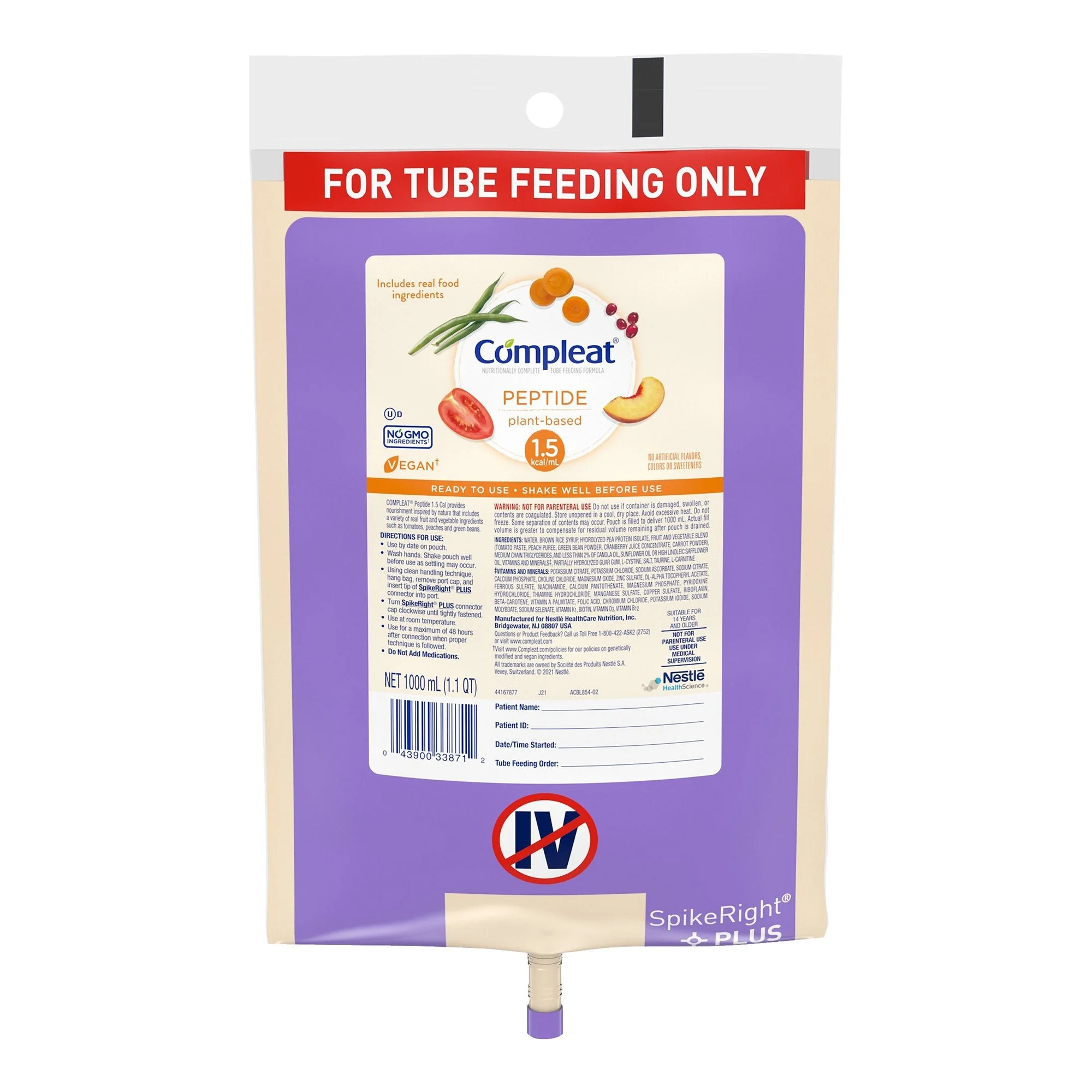 Compleat Tube Feeding Formula Peptide 1.5 SpikeRight PLUS 1000 mL UltraPa