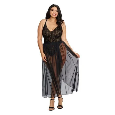 Deamgirl Stretch Lace Teddy (Modified Back) & Sheer Mesh Maxi Skirt w/Adjustable Straps & G-String Black 1X