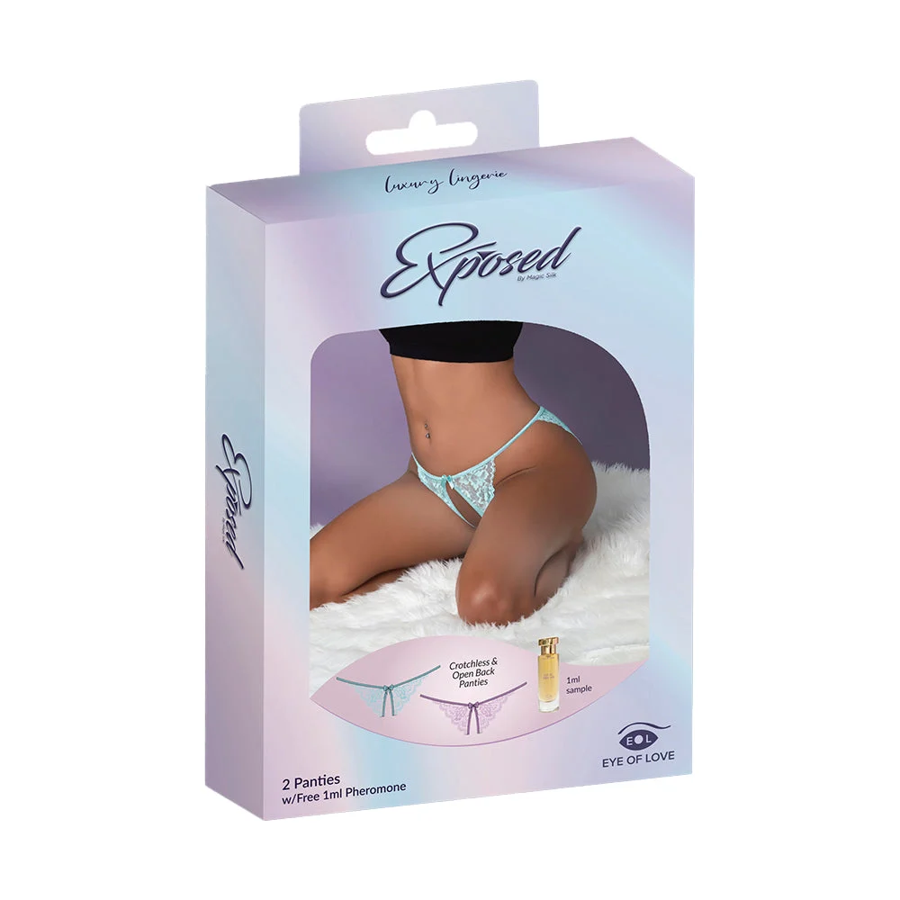 Magic Silk Pheromone Panties Crotchless & Open Back Panty 2-Pack Lilac/Aqua S/M