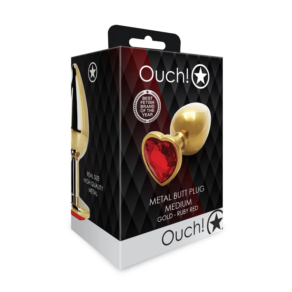 Ouch! Heart Gem Butt Plug, Medium Gold Ruby Red