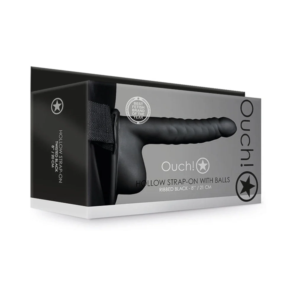 Ouch! Ribbed 8 in. Hollow Strap-On with Balls Black