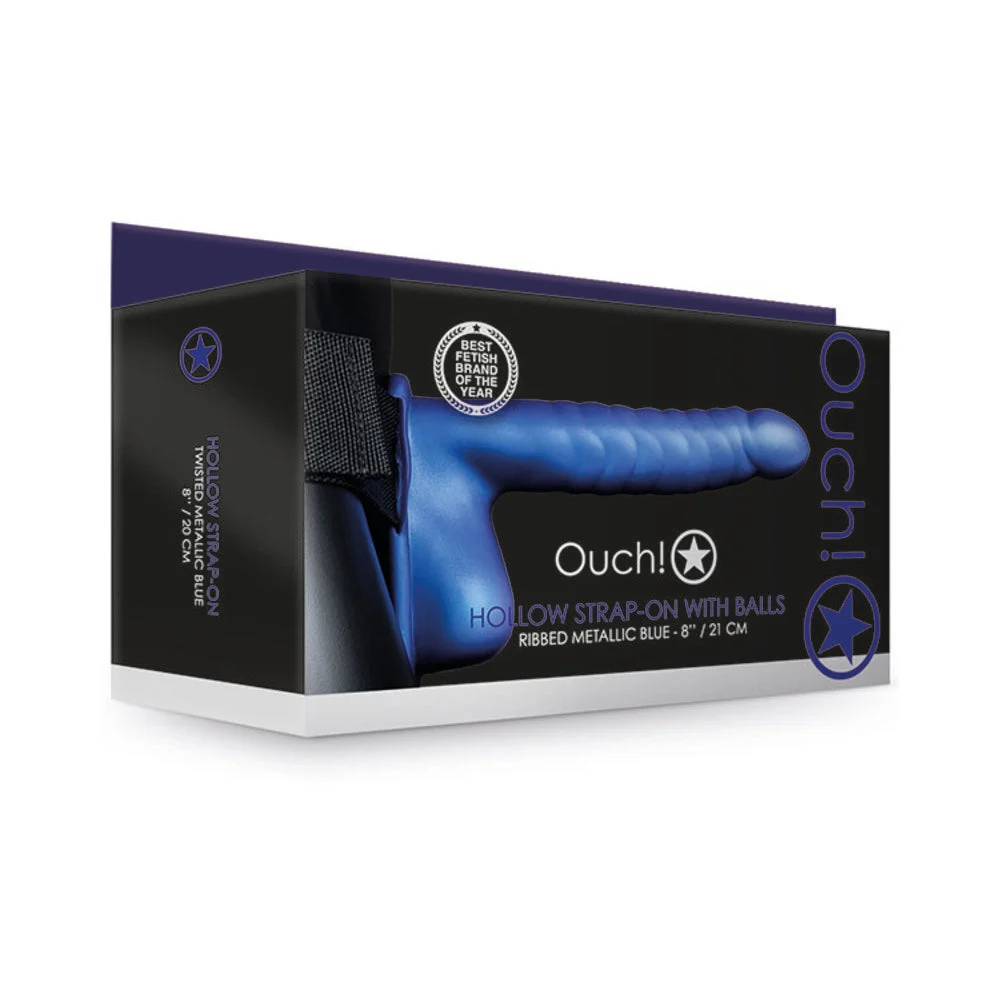 Ouch! Ribbed 8 in. Hollow Strap-On with Balls Metallic Blue