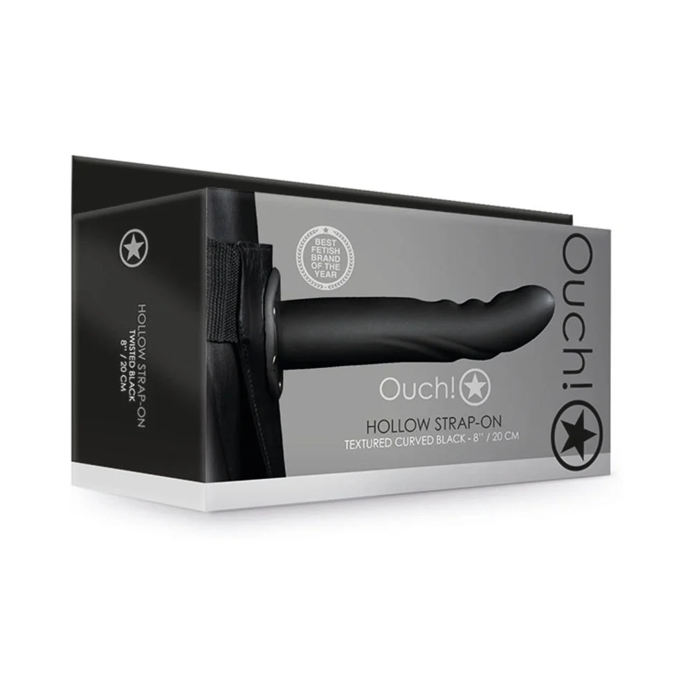 Ouch! Textured Curved 8 in. Hollow Strap-On Black