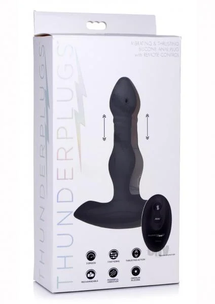 Vibrating Thrusting Remote Control Silicone Anal Plug, Black